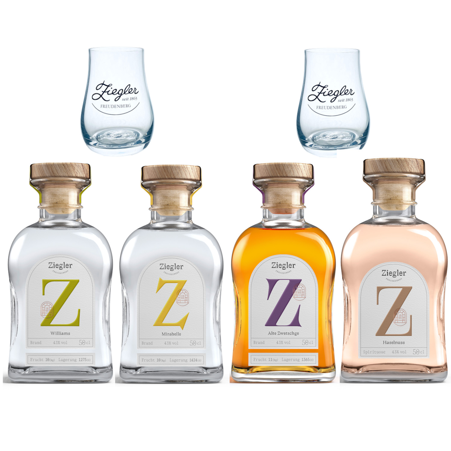 Ziegler Sparset 2 Gastro Bar 43%vol. 2,0l Williams Alte Zwetschge Mirabelle Haselnuss inkl. 2 Ziegler Becher-Gläser