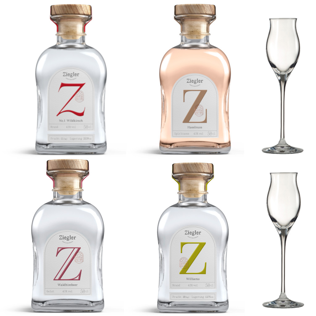 Ziegler Sparset 4 Gastro Bar 43%vol. 4x 0,5l Wildkirsch, Williams, Haselnuss, Waldhimbeer inkl. 2 Ziegler Edelbrand-Gläser Ziegler Sparset 4 Gastro Bar 43%vol. 4x 0,5l Wildkirsch, Williams, Haselnuss, Waldhimbeer inkl. 2 Ziegler Edelbrand-Gläser