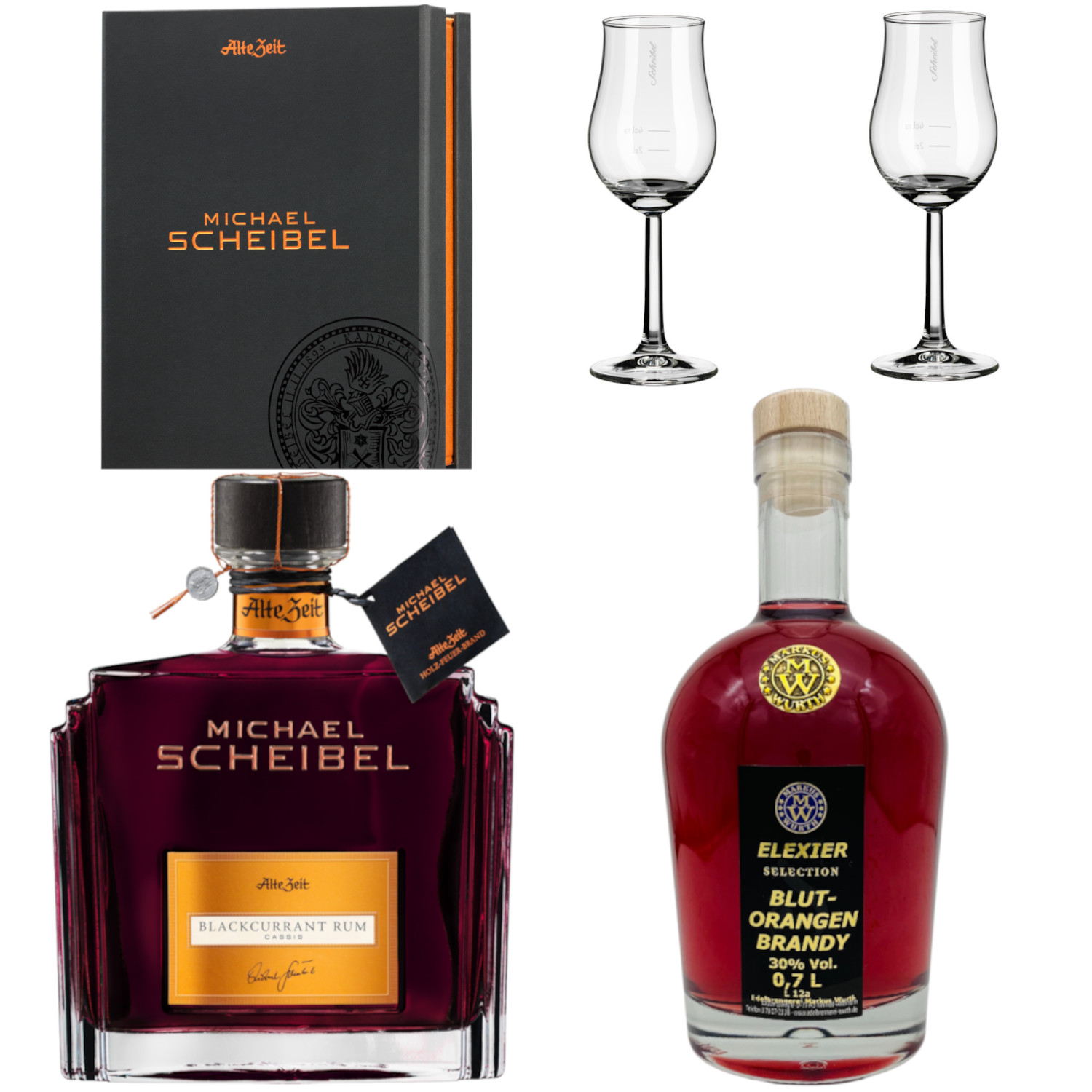 Scheibel BlackCurrant Rum + Wurth Blutorangen Brandy 30-35% Vol. Scheibel BlackCurrant Rum + Wurth Blutorangen Brandy 30-35% Vol.